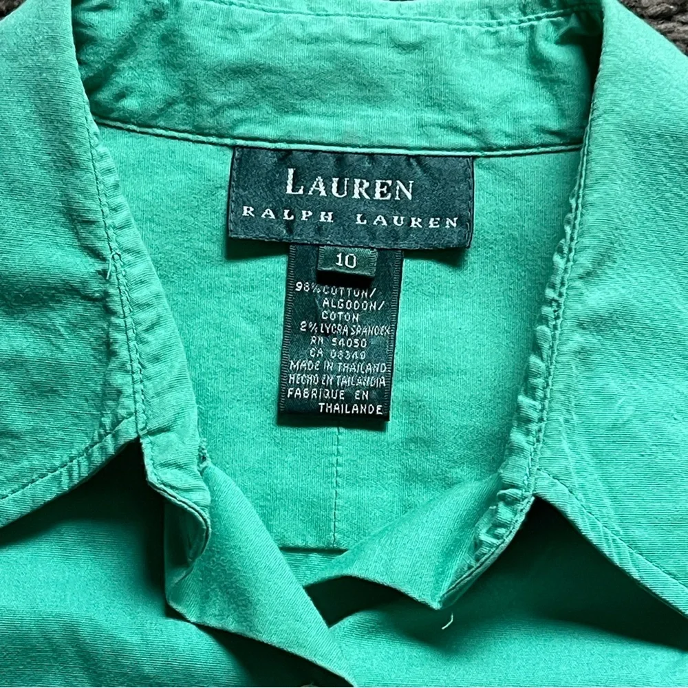 Lauren Ralph Lauren Polo Blouse Green Solid Stretch Button Up - Picture 3 of 7